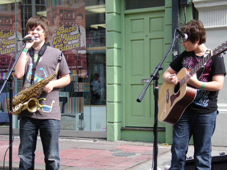 Liam and Dylan performing on Car Free Day Brighton